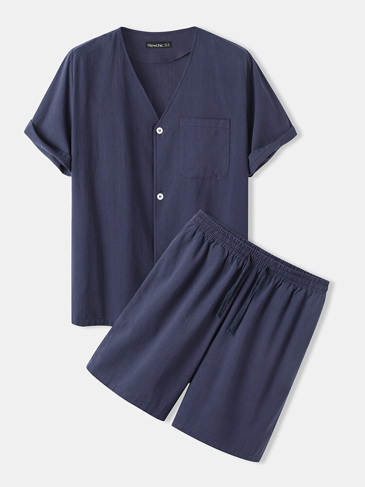 Mens 100% Cotton Pajama Sets V Neck Button Up Chest Pocket Shirt Loungewear Homewear