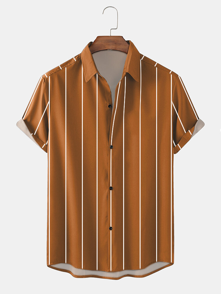 Mens Plain Striped Button Up Casual Short Sleeve Shirts