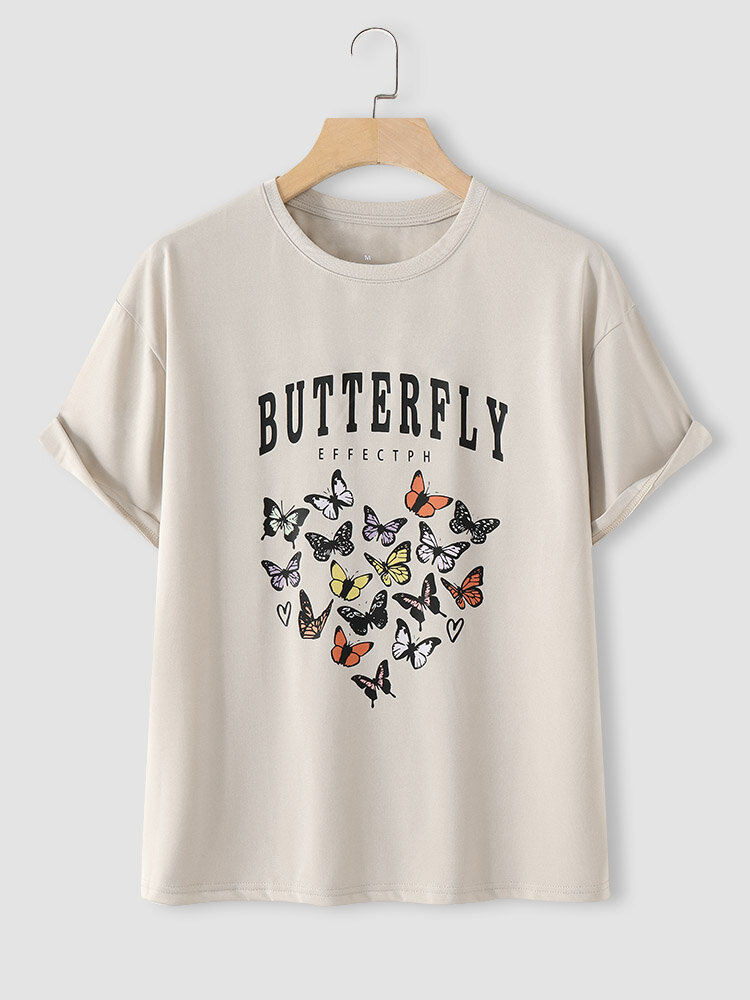 Butterfly Letter Graphic Crew Neck Short Sleeve Casual T-shirt