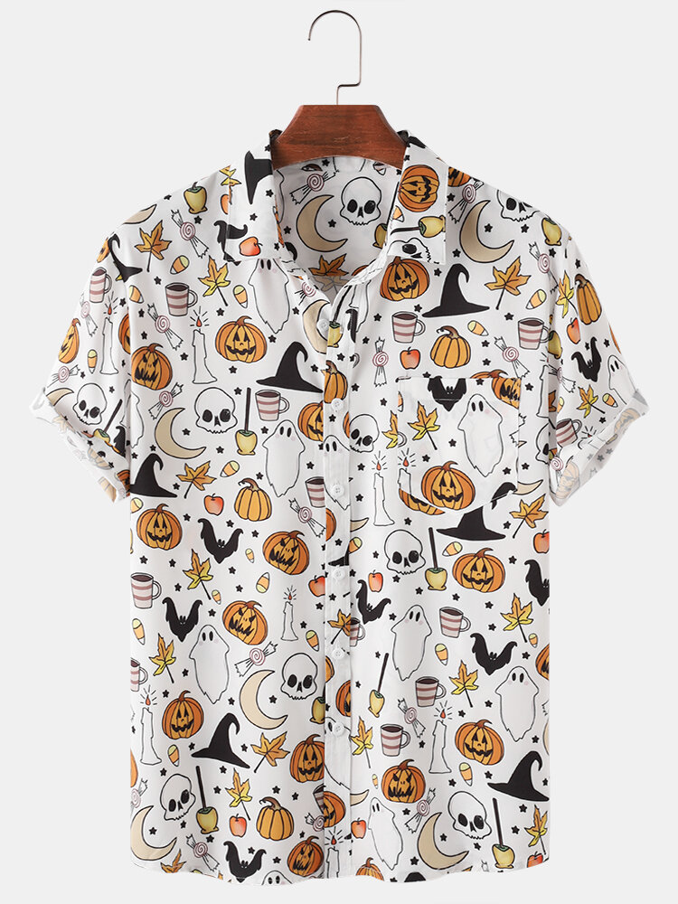 Mens Halloween Pumpkin Cartoon Funny Party Short Sleeve Shirts