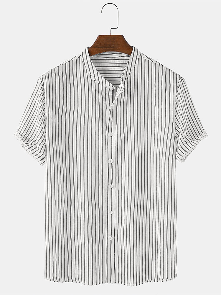 Mens Pinstripe Stand Collar Casual Short Sleeve Shirts