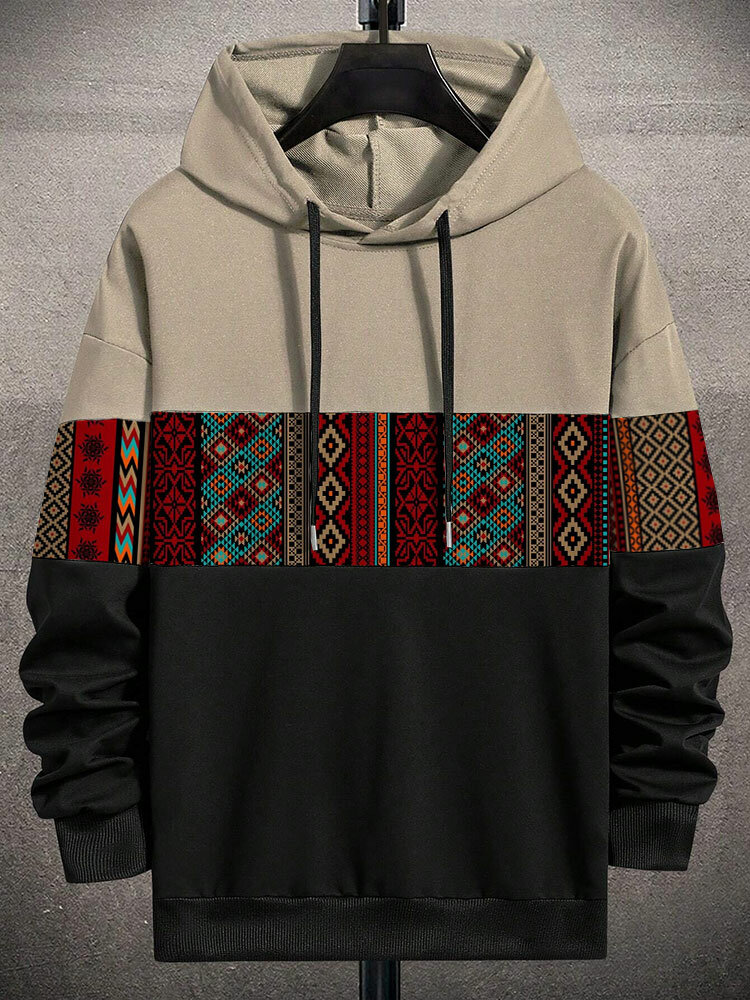 Hoodies masculinos com estampa geométrica étnica contrastante patchwork com cordão e capuz inverno
