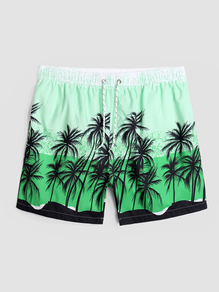 Men Hawaii Style Coconut Tree Print Mesh Lined Multi Pockets Water Resistant Board Shorts