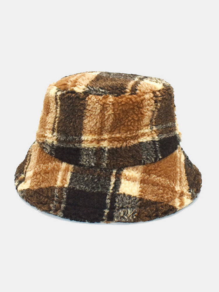 Unisex Lambswool Plush Lattice Pattern Print Autumn Winter Vintage Warmth Bucket Hat