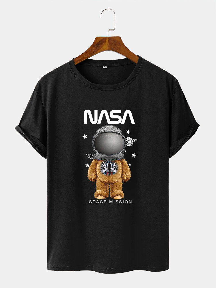 Mens Cartoon Astronaut Bear Graphic Street Short Sleeve T-Shirts
