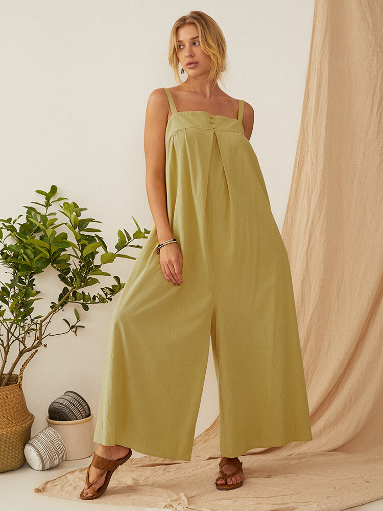 Solid Color Straps Pleated Jumpsuit For Women