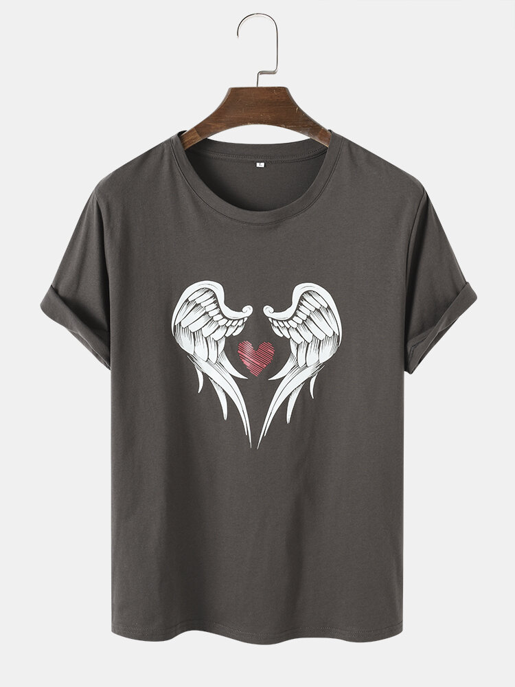 100% Cotton Mens Wing Heart Pattern Short Sleeve T-Shirt