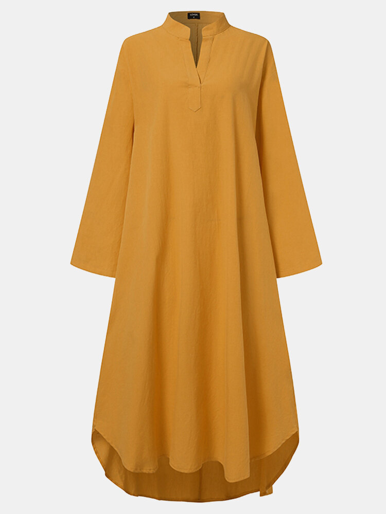 Solid Color Long Sleeve High-low Slit Hem Casual Dress