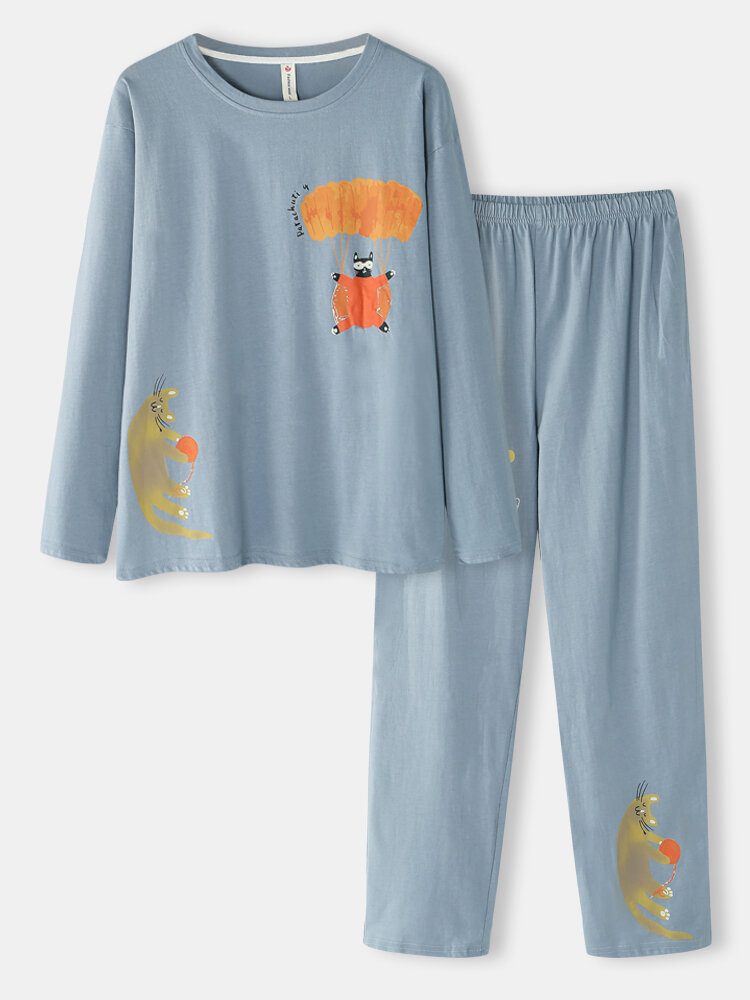 Women Cute Cartoon Cat Print Pajamas Sets Long Sleeve Pants Soft Loose Sleepwear