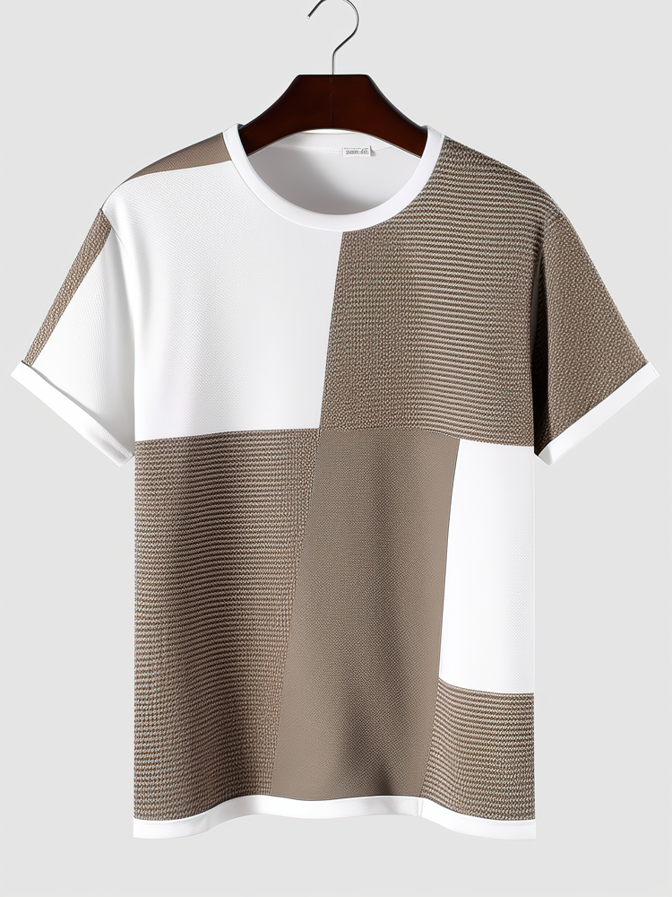 Mens Texture Color Block Patchwork Casual Short Sleeve T-Shirts