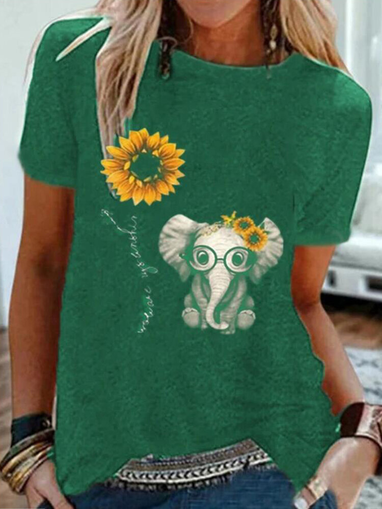 Cartoon Elephant Flower Print Short Sleeve T-shirt For Women