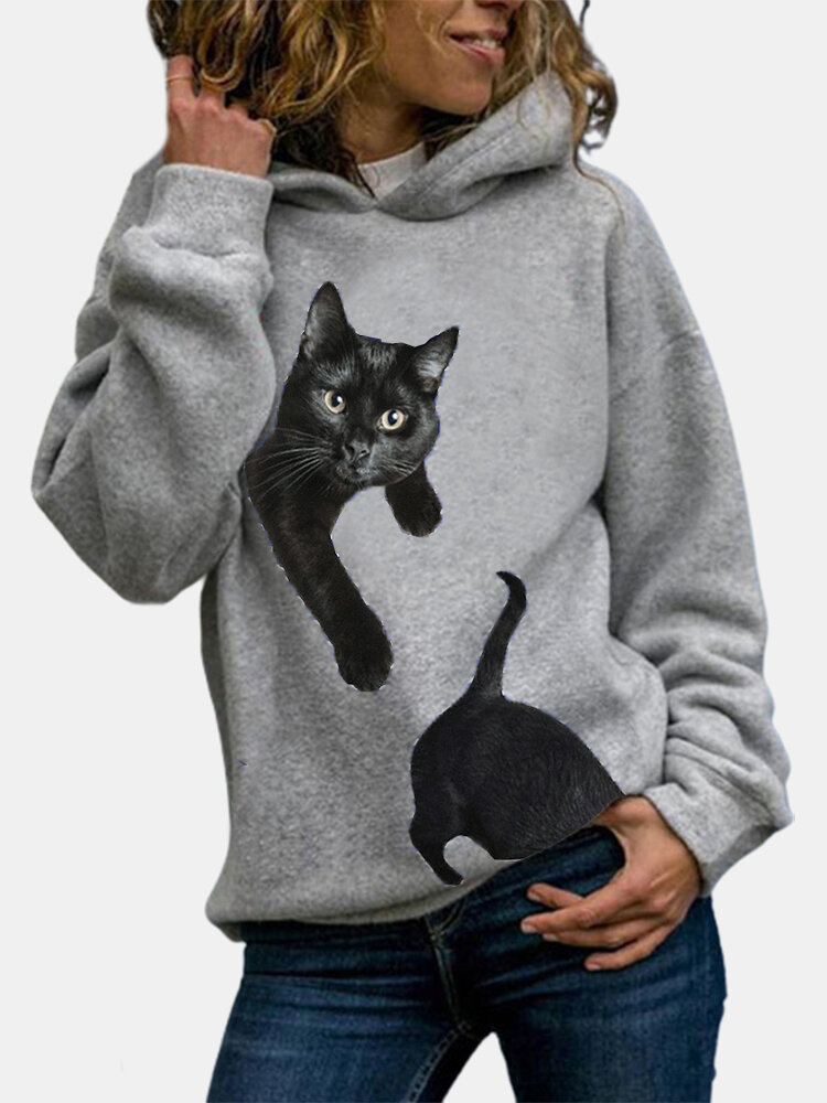 Black Cat Print Plus Size Hoodie for Women