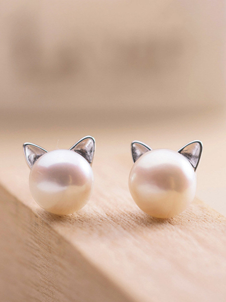Simple 925 Silver Plated Women Earrings Cute Cat Pearl Wild Ear Stud