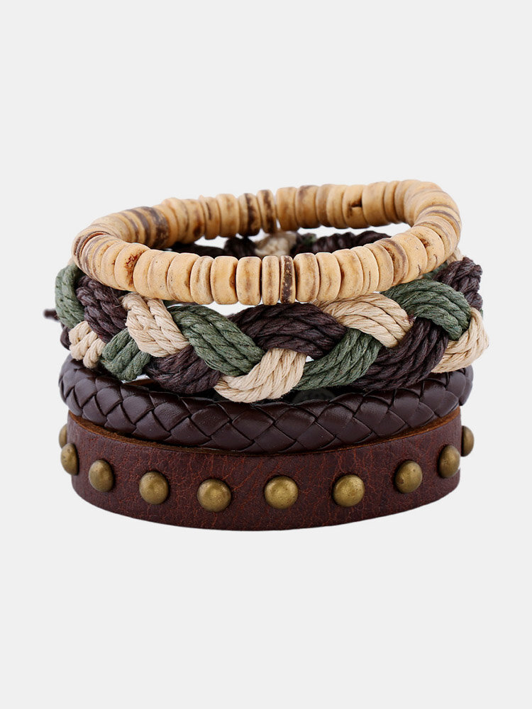 Bohemian Weave Hemp Rope Bracelet Vintage Multilayer Cowhide Leather Bracelets Jewelry for Men