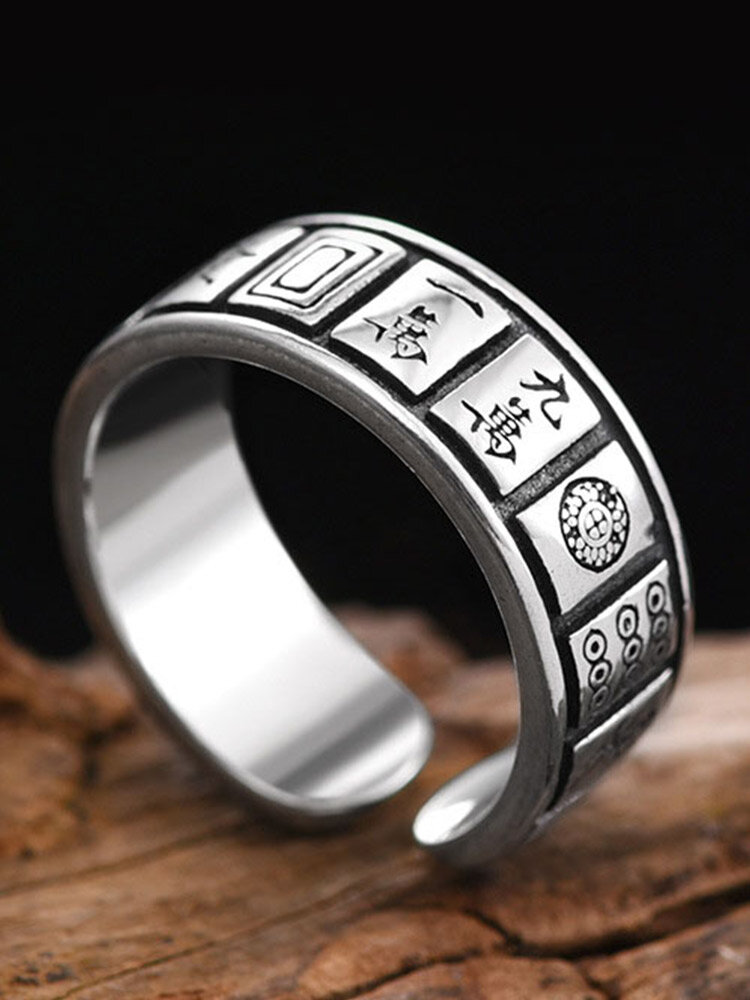 Trendy Carved Mahjong Graphic Geometric-shaped Opening Adjustable Copper Ring