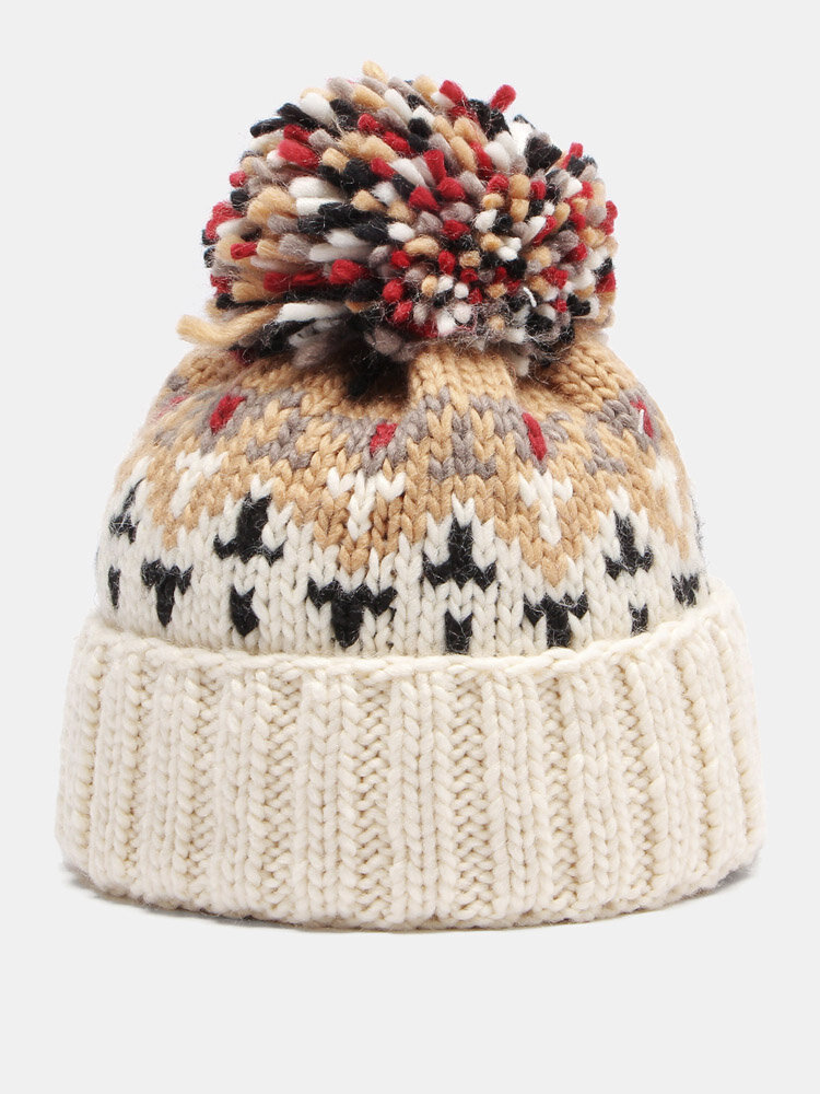 Women Knitted Thickened Color-match Geometric Pattern Mixed Color Fur Ball Decorative Warmth Brimless Beanie Hat