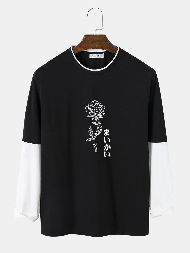 Mens Monochrome Rose Print Contrast Faux Twinset Casual Long Sleeve T-Shirts