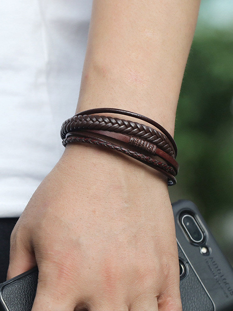 Vintage Multi-layer Hand-woven Leather PU Alloy Magnetic Clasp Bracelet