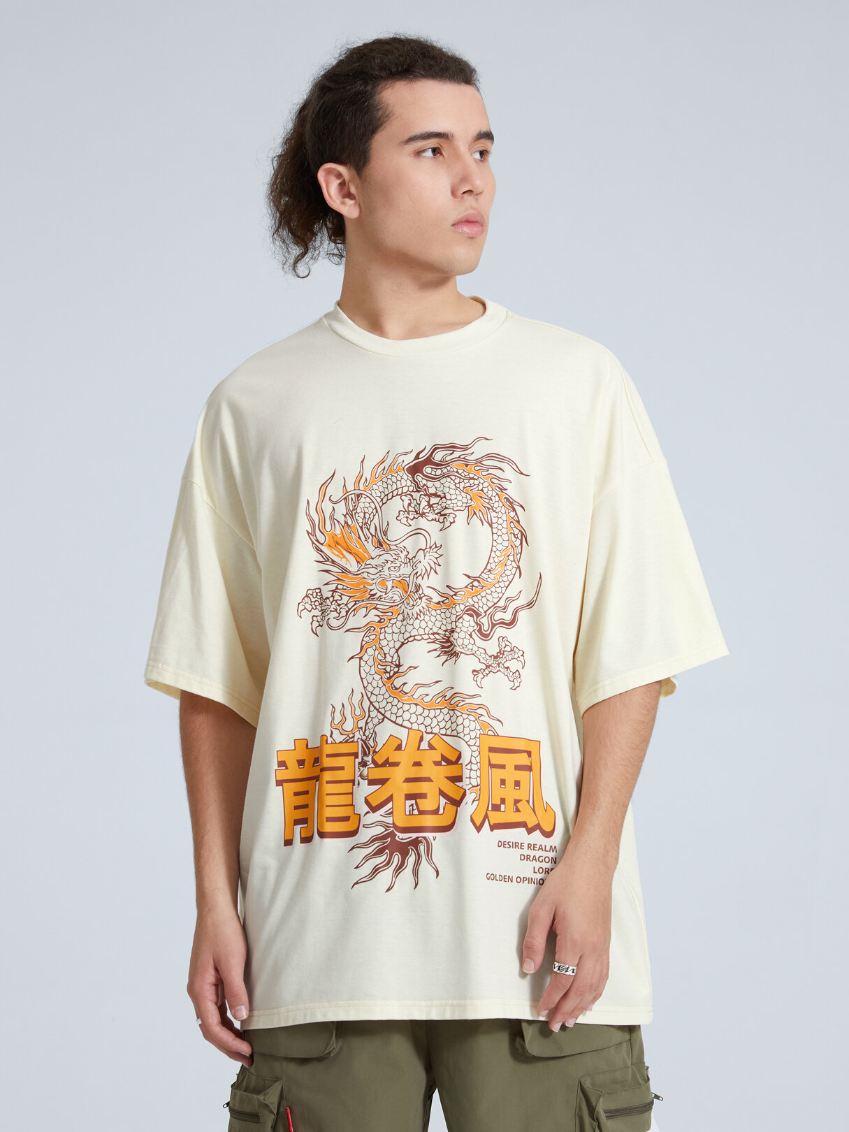 Men Solid Color Dragon Letter Print Round Neck T-Shirt