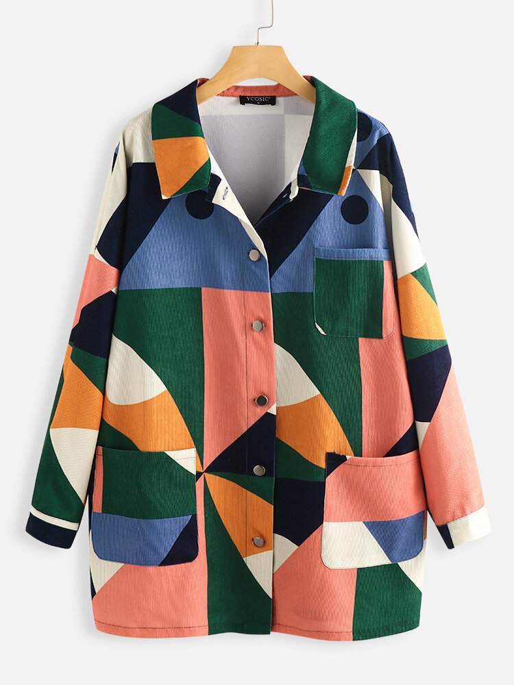 Corduroy Contrast Color Print Long Sleeve Jacket For Women
