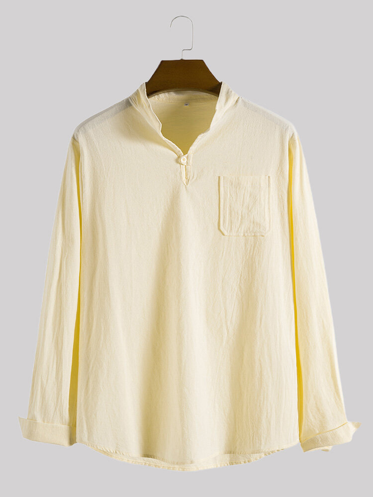 Mens Linen Frog Button Design Solid Plain Long Sleeve Henley Shirts