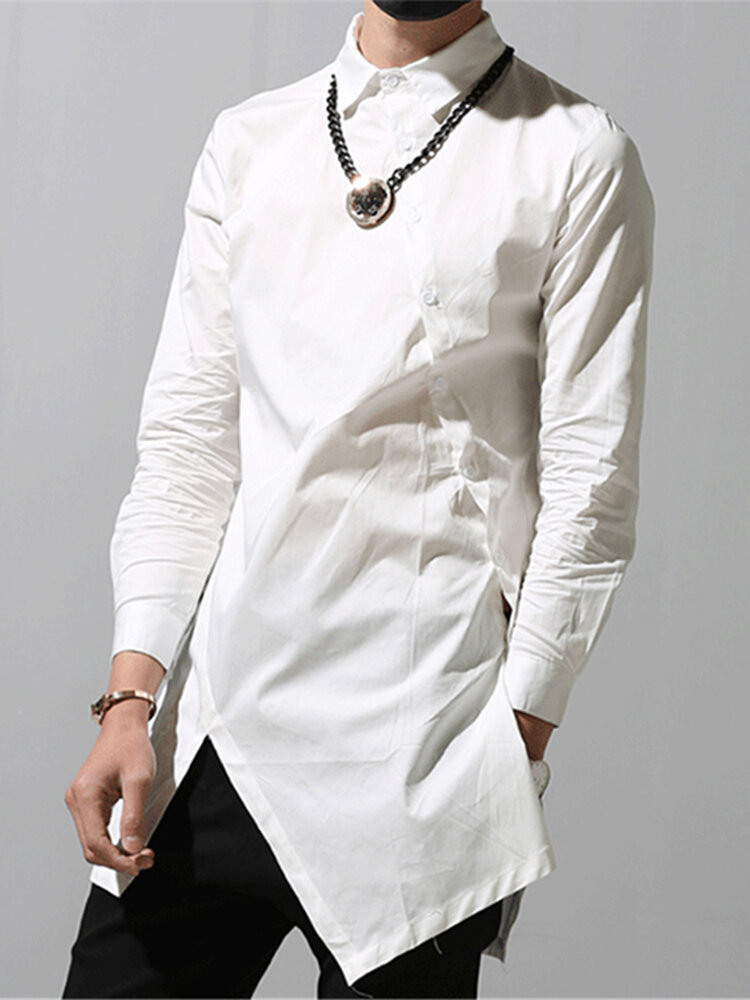 

Men Asymmetric Hem Long Sleeve Shirt, Black;white
