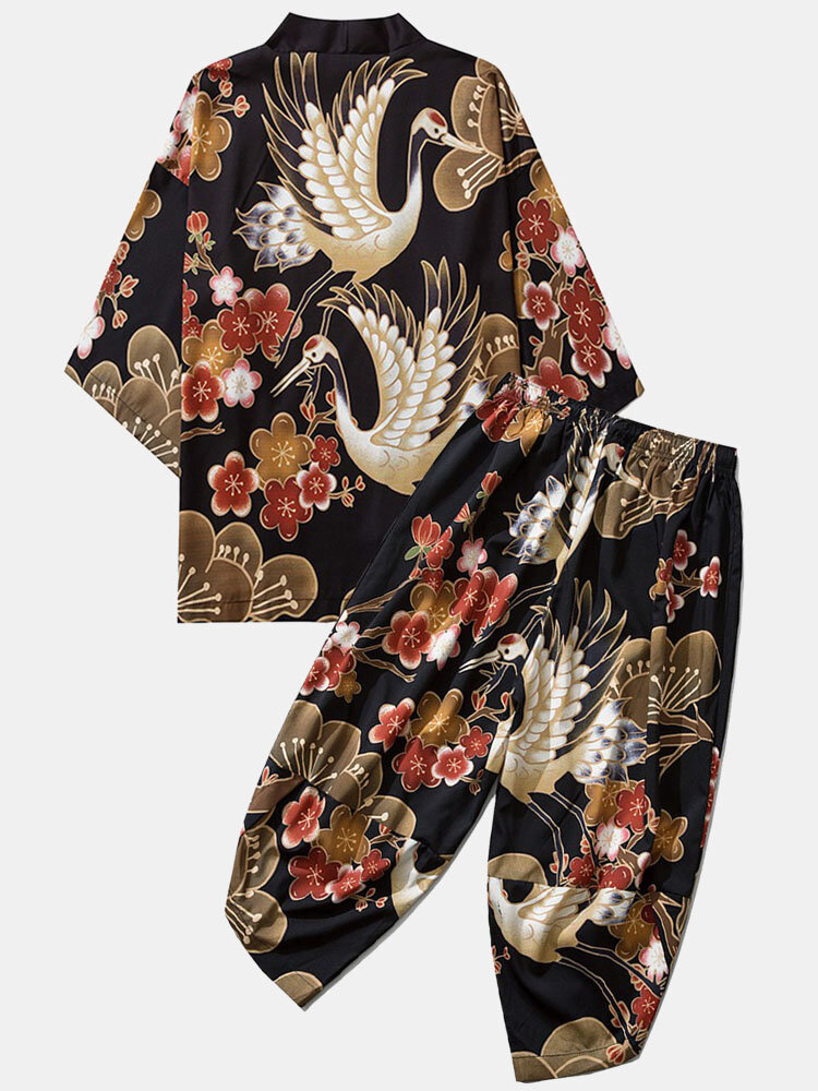 

Mens Crane Flower Print JapaneseStyle Open Front Kimono & Pants Co-ords, Black