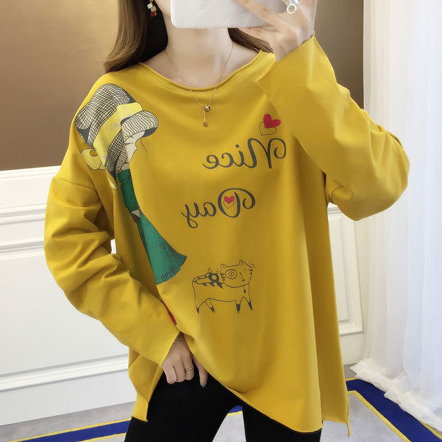 7327# Long-sleeved T-shirt Hong Kong Style Retro Round Neck Top Loose Female