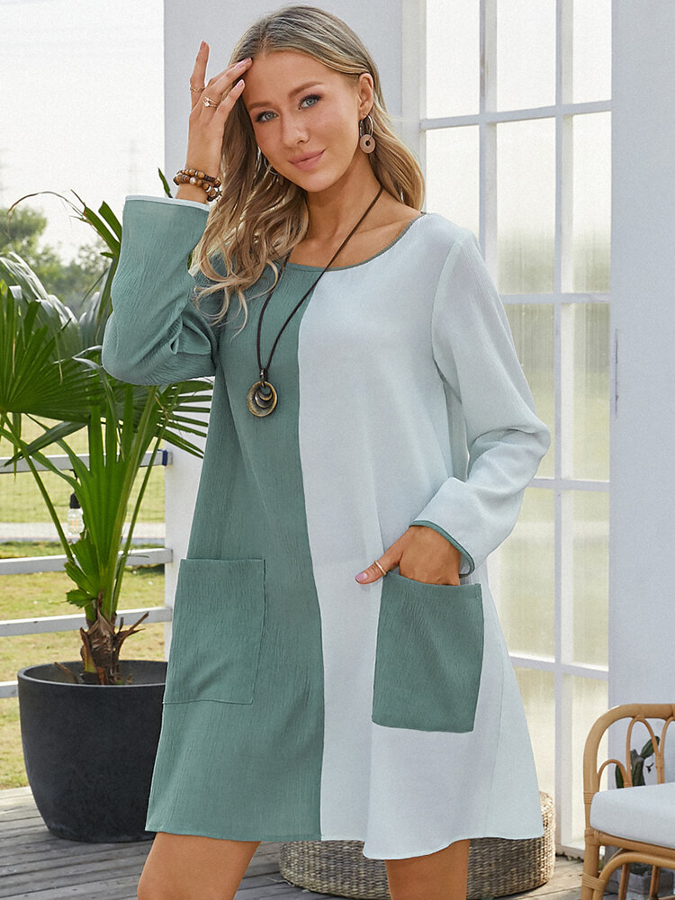 Contrast Color Pocket O-neck Long Sleeve Casual Dress for Women