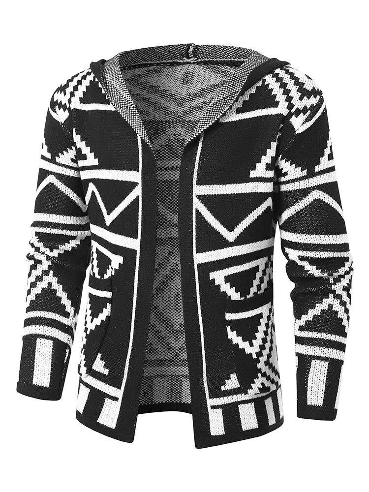 Mens Geometric Pattern Street Knitted Hooded Cardigans With Pocket