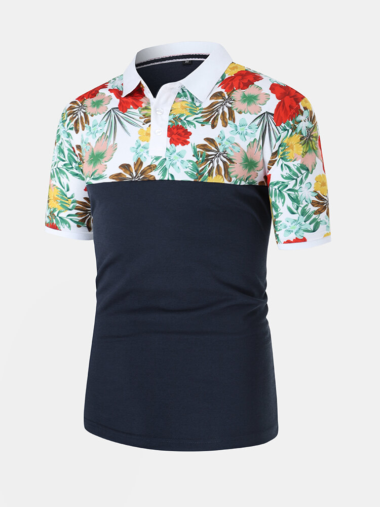 Mens Floral Print Patchwork 100% Cotton Short Sleeve Golf Shirts
