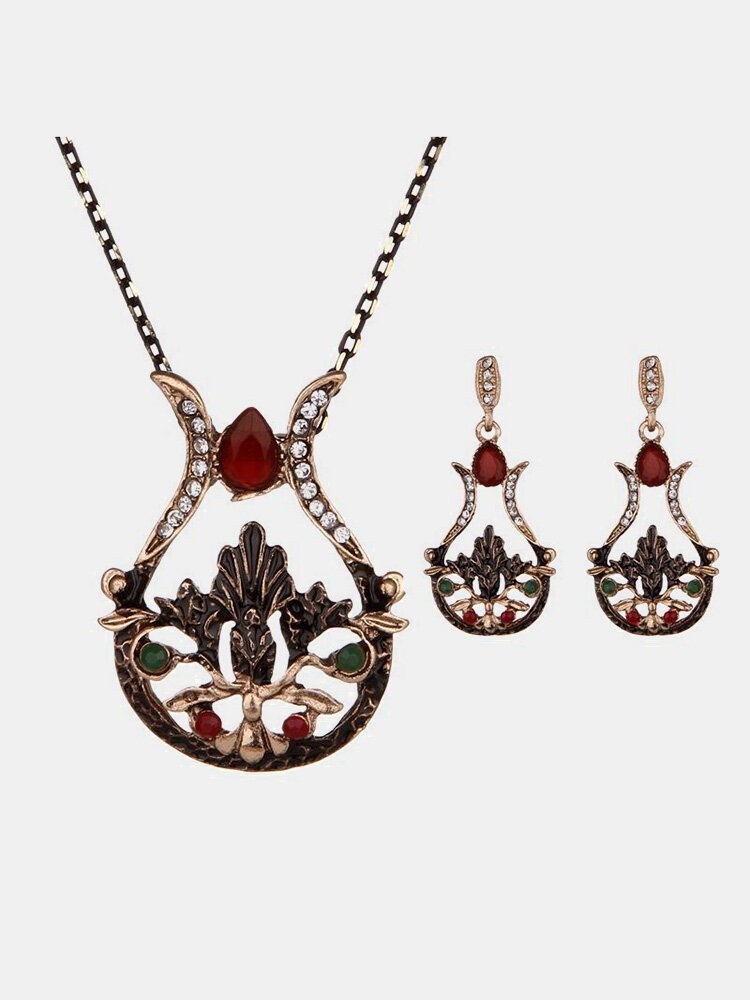 Vintage Jewelry Sets Hollow Rhinestone Vase Charm Necklace Ear Drop Earrings Ethnic Jewerlry for Her