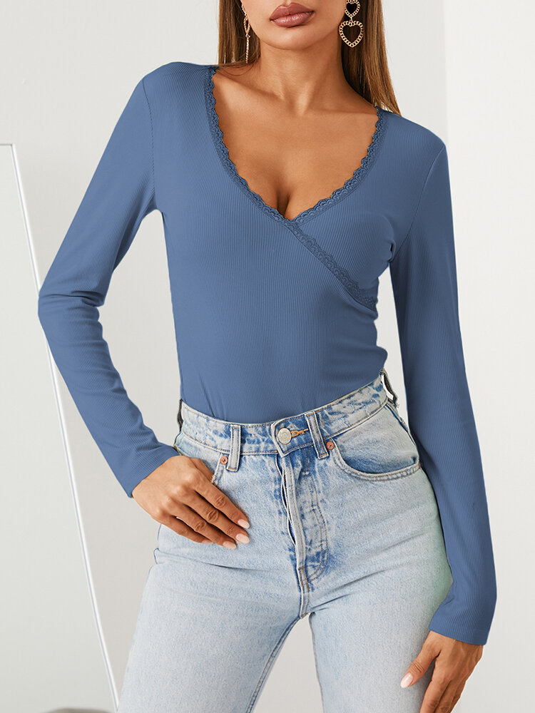 Women Solid Color Patchwork Long Sleeve V-neck Casual T-Shirt
