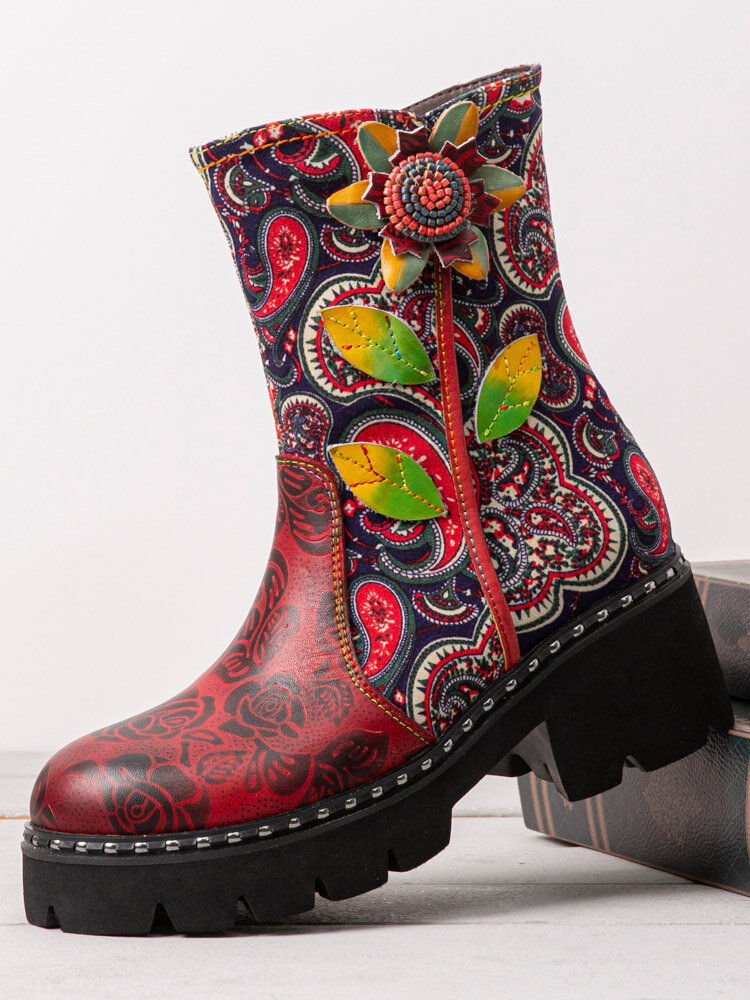 Socofy Retro Paisley Pattern Floral Print Leather Soft Comfortable Side Zipper Platform Tooling Boots