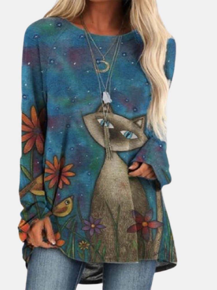 Cartoon Cat Flower Printed Long Sleeve O-neck Asymmetrical T-shirt For Women