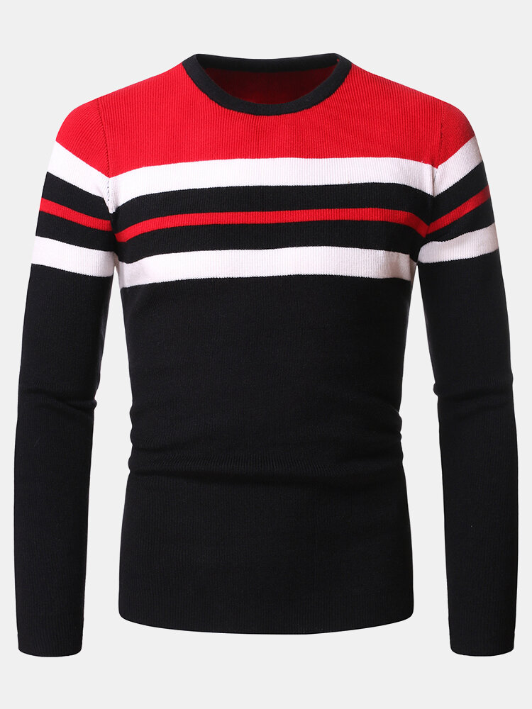 Mens Horizontal Stripe Knit Round Neck Casual Long Sleeve Pullover Sweaters