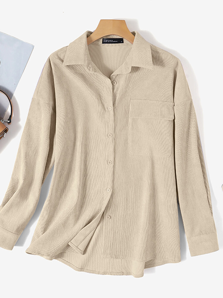 Solid Corduroy Long Sleeve Lapel Shirt For Women