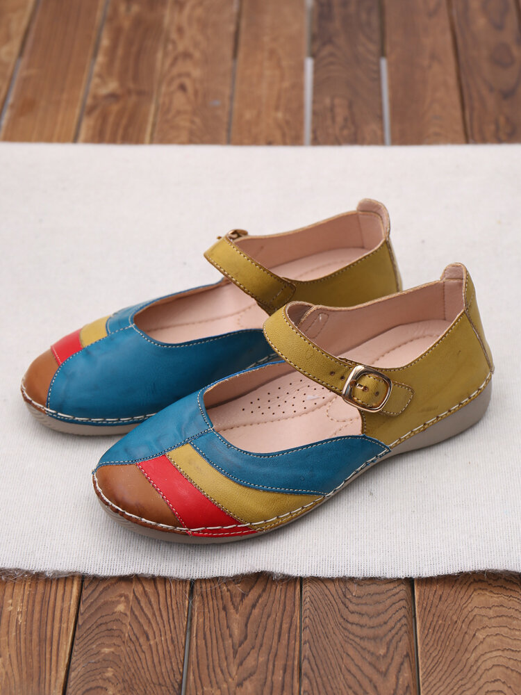 LOSTISY Color Splicing Comfortable Slip Resistant Buckle Flat Shoes