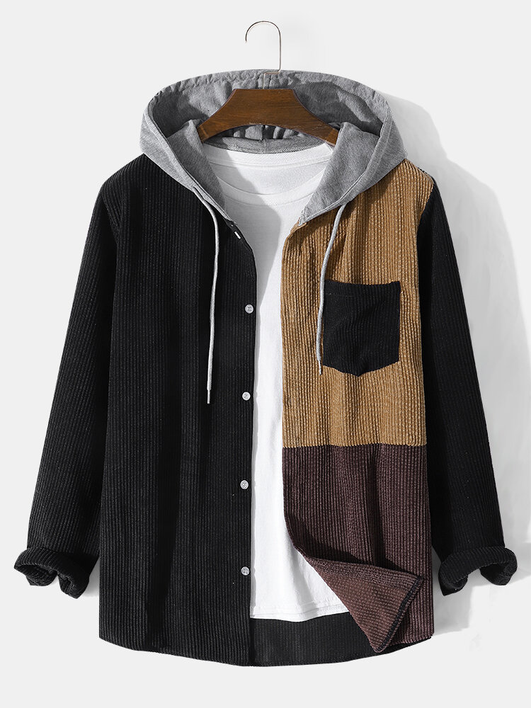 Mens Corduroy Contrast Patchwork Button Front Drawstring Hooded Shirts