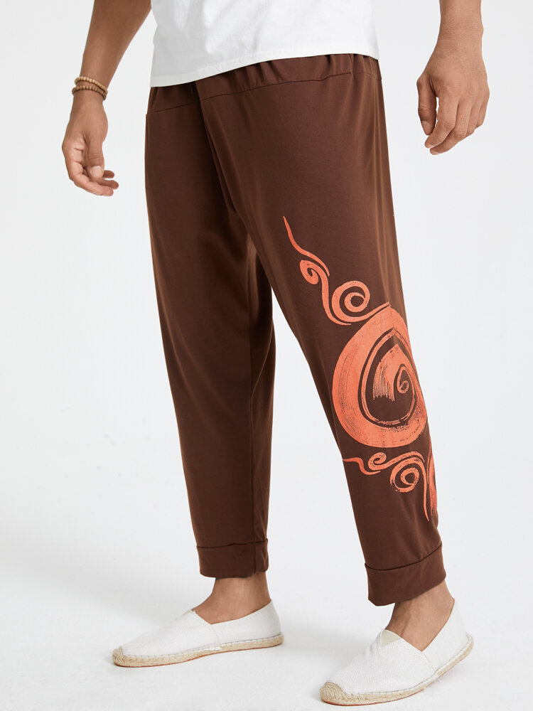 Mens Vintage Totem Print Cotton Casual Drawstring Drop Crotch Pants