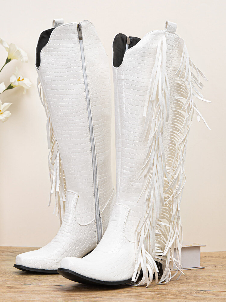 Large Size Women Casual Tassel Design Comfy Mid-Calf Pointed Toe White Cowboy Boots