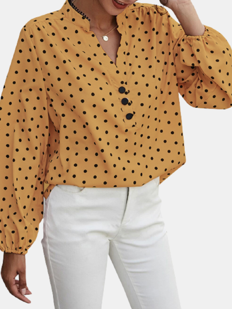 Dot Print Puff Sleeve Plus Size Casual Blouse for Women