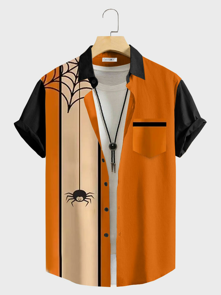 Mens Spider Web Print Patchwork Halloween Short Sleeve Shirts