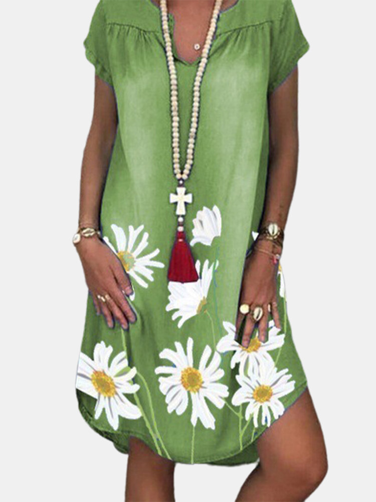 Flower Print Short Sleeve V-neck Denim Casual Dress For Women