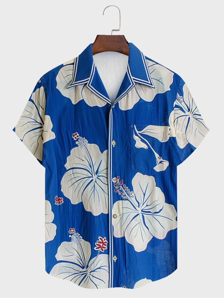 Mens Floral Striped Print Revere Collar Short Sleeve Shirts