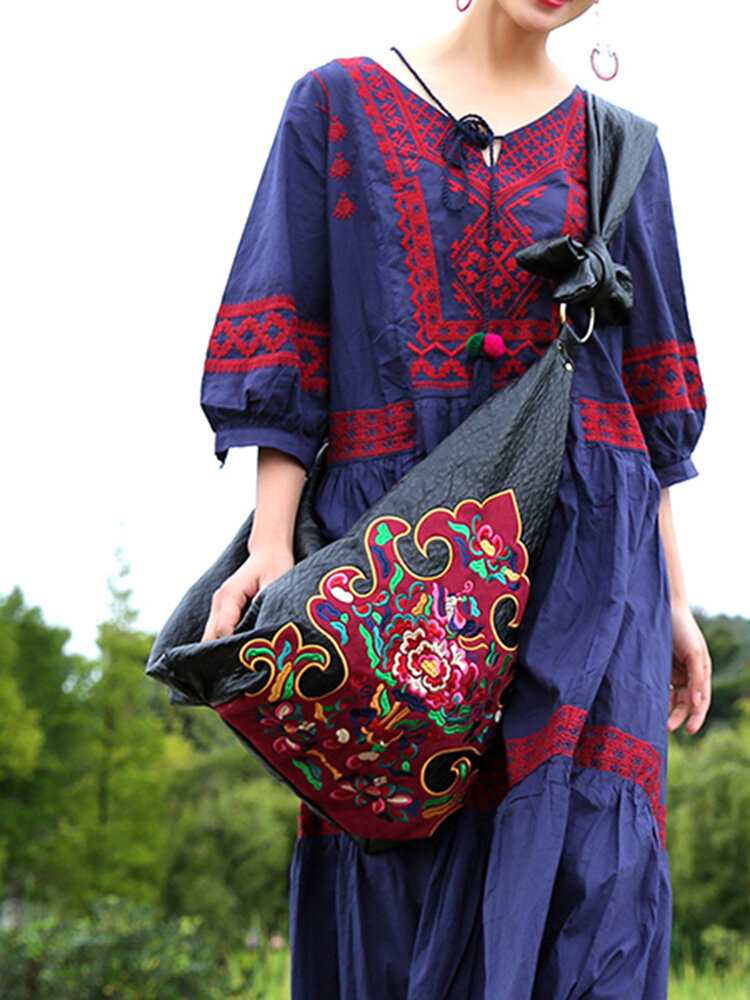 National Style Flower Pattern Soft Leather Shoulder Bag For Women
