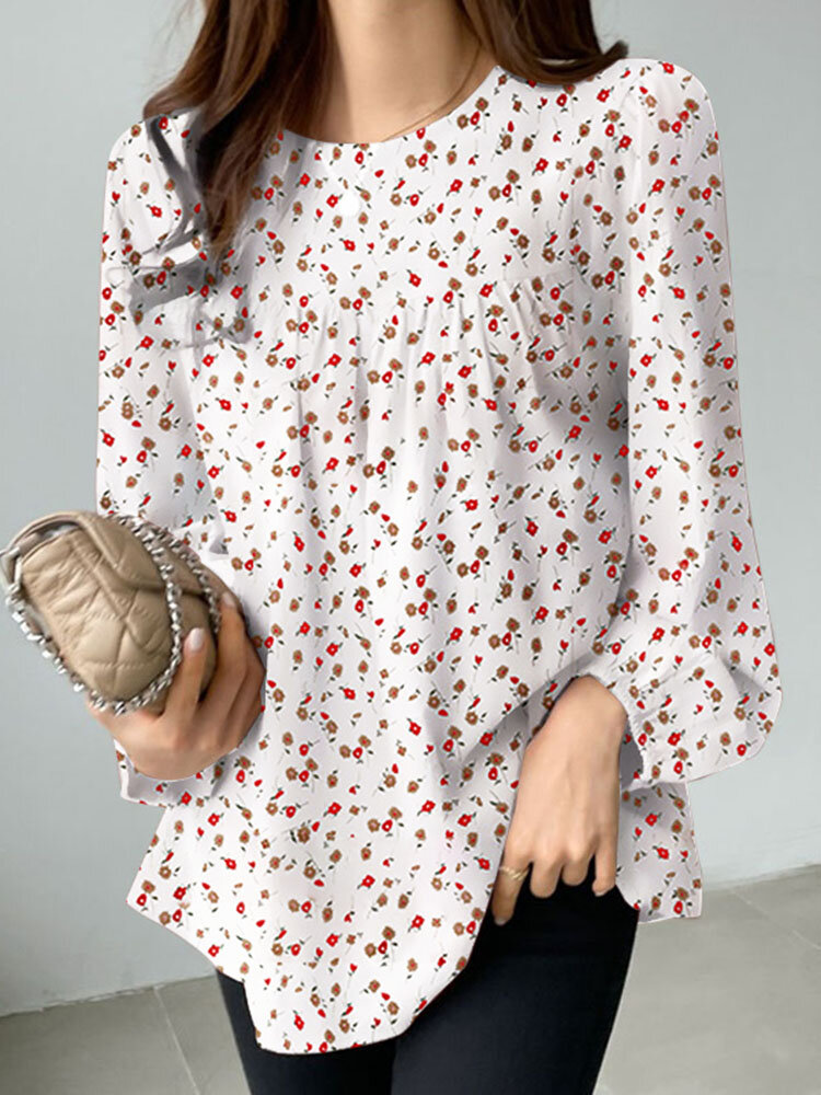 Blusa feminina casual com estampa floral gola redonda
