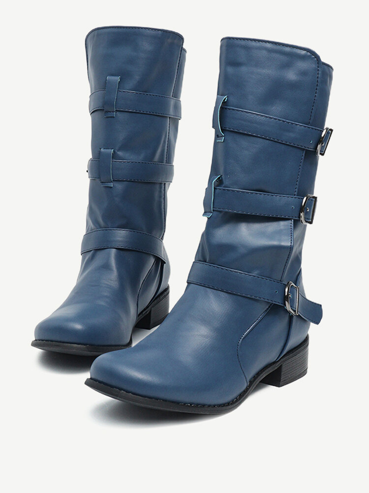 Plus Size Slip Resistant Buckle Strap Decoaration Mid Calf Block Boots
