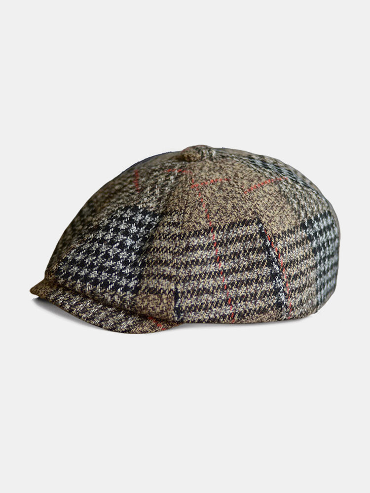 Men Felt Plaid Pattern Retro Casual All-match Octagonal Hat Newsboy Hat Flat Hat