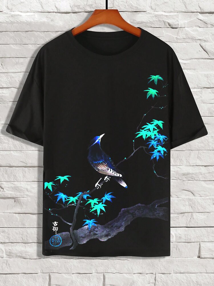 

Mens Chinese Ombre Bird Tree Print Crew Neck Short Sleeve T-Shirts Winter, Black